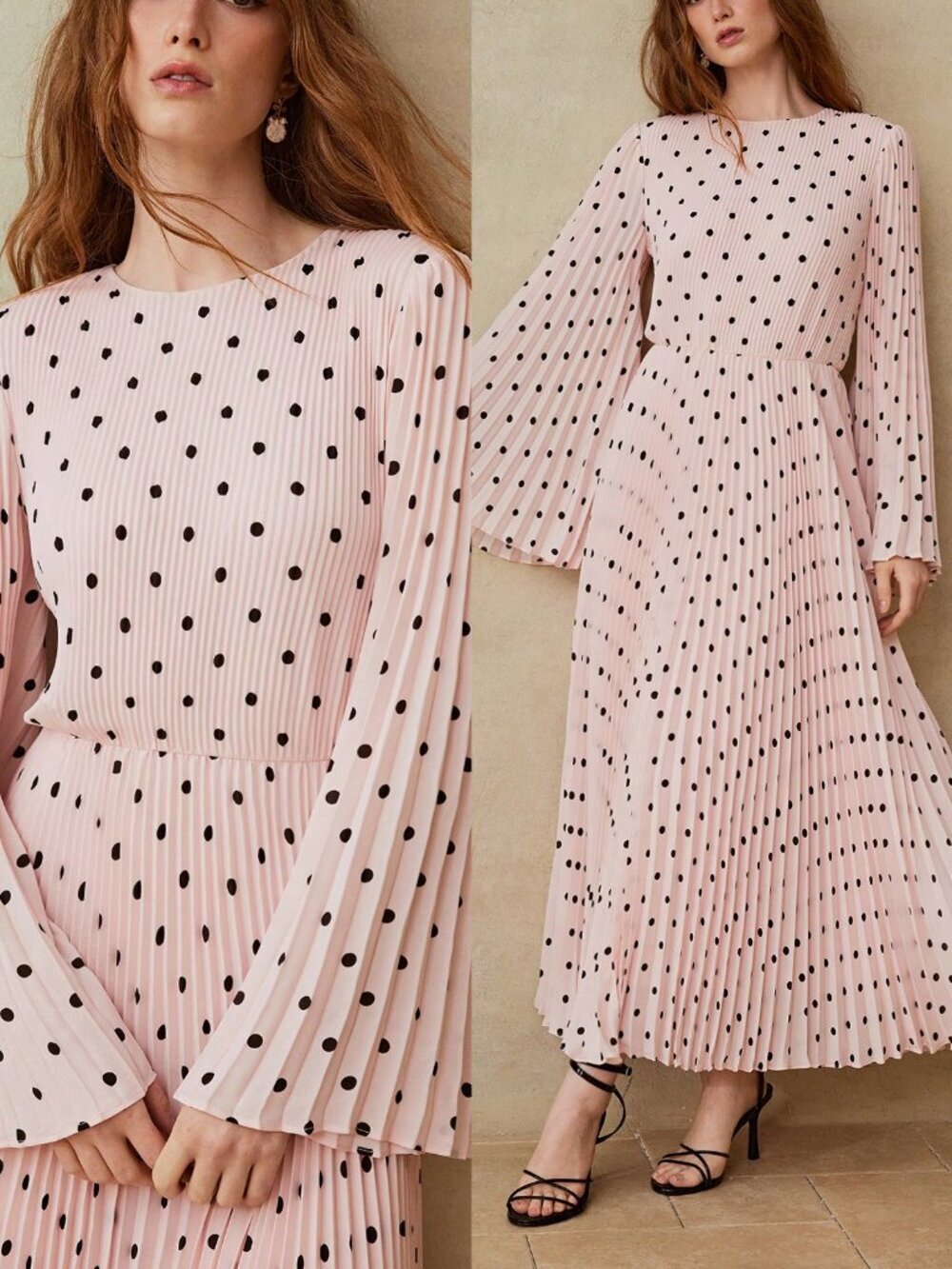 Pink Elegant Women's Premium Polka Dot Print Pleated Long Sleeve Dress - Picture 7 of 7